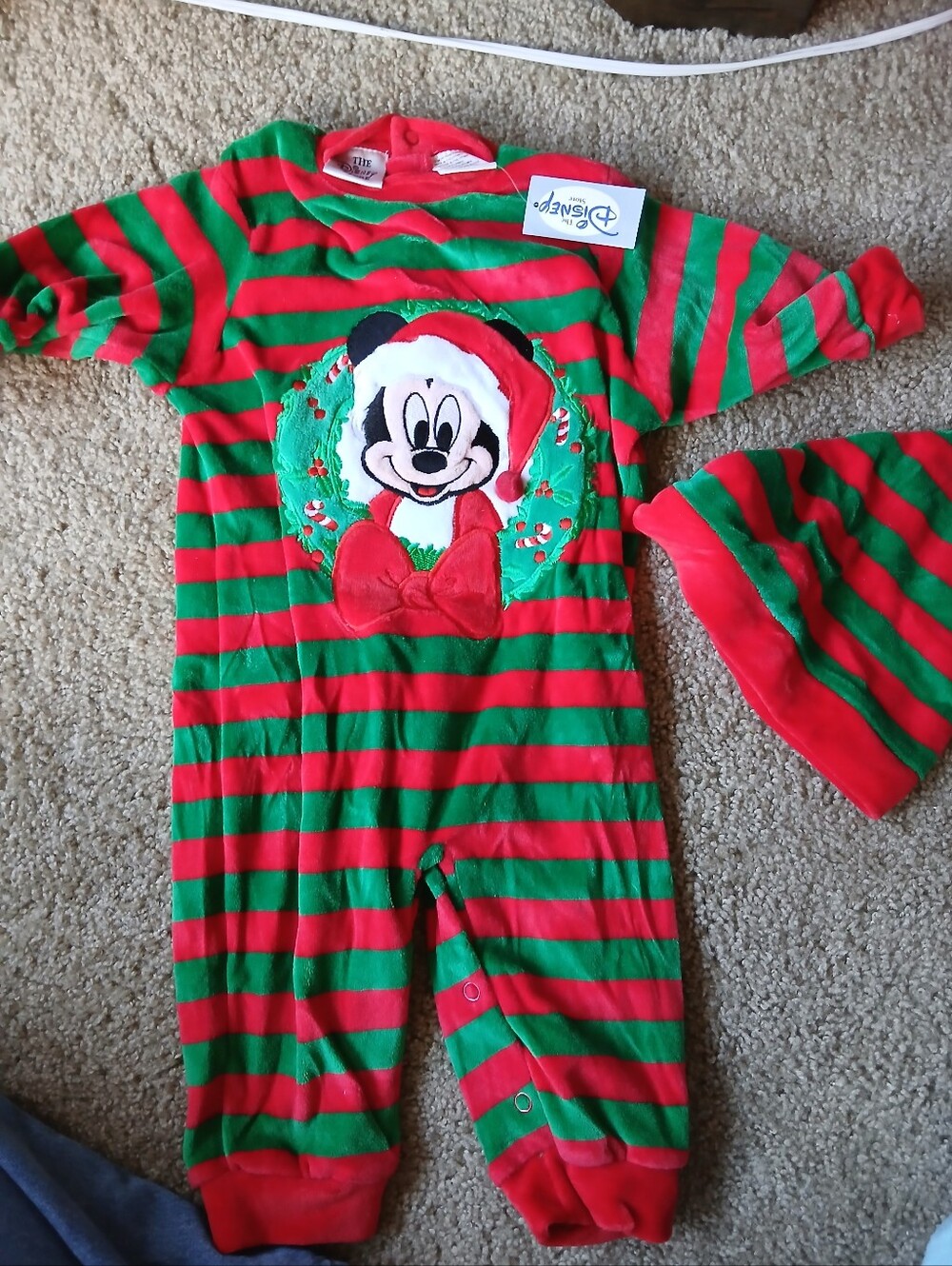 NWT Vintage Disney Red & Green Striped Mickey Holiday Footless Sleeper with Hat